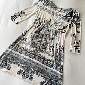S-Twelve Y2K Rhinestone Paisley Stretch Dress Cream Black L D2589-73